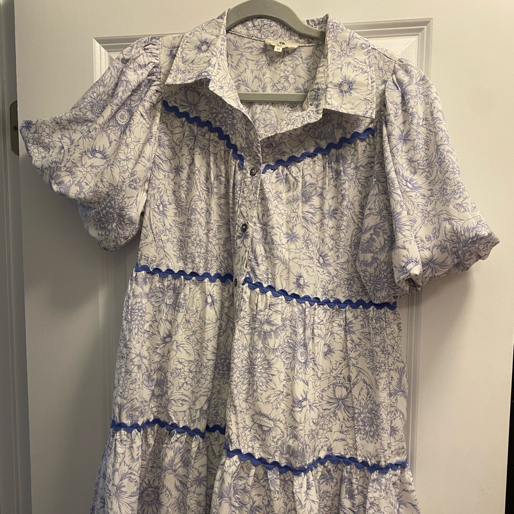 Umgee Periwinkle Floral Blue and White Dress Medium